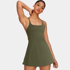 Halara Everyday Cloudful Backless 2-in-1 Flare Activity Dress in Winter Moss M